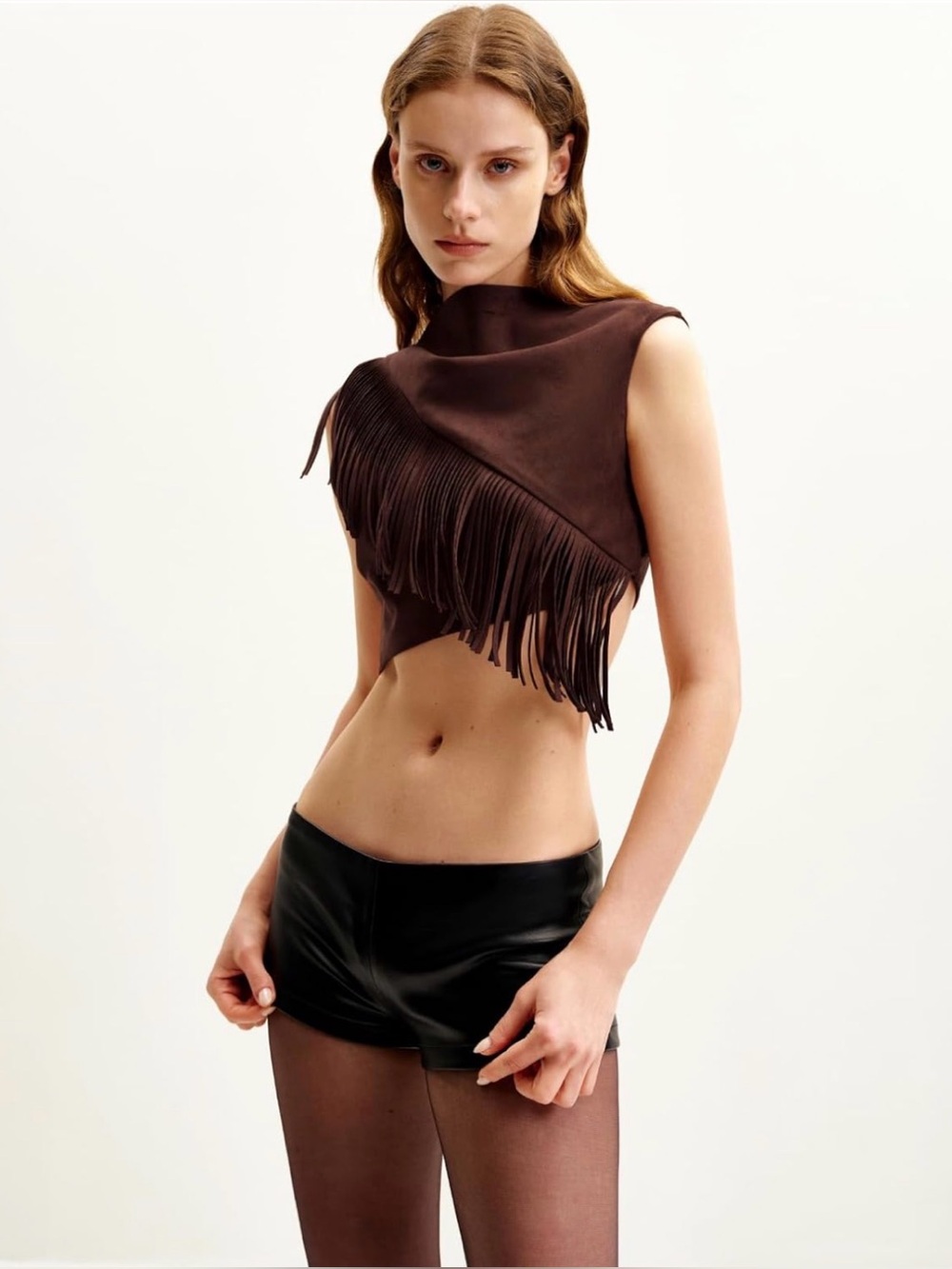 JW PEI Women's Ariana Asymmetric Fringe Sueded Top Size 8